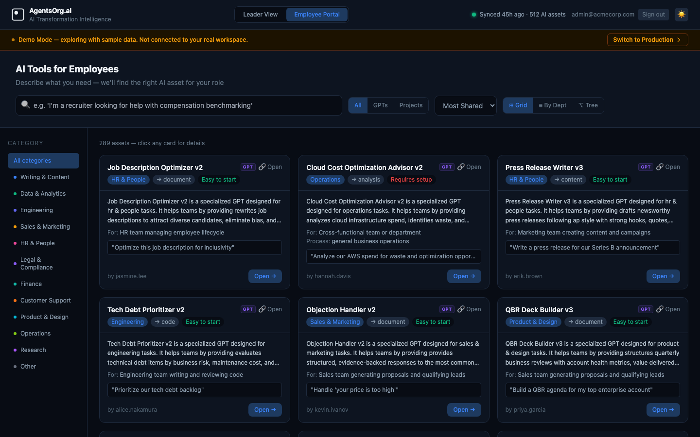Employee Portal: read-only GPT and Project discovery for the whole org. Search by role, category, or need.