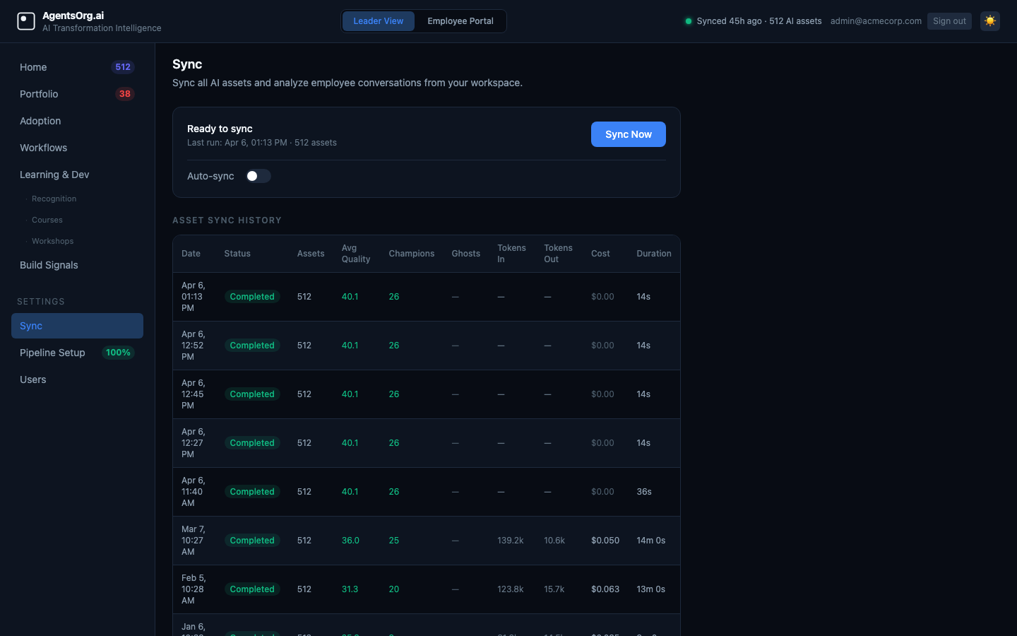 Sync: manual sync button, auto-sync toggle, full sync history with token consumption and cost per run.
